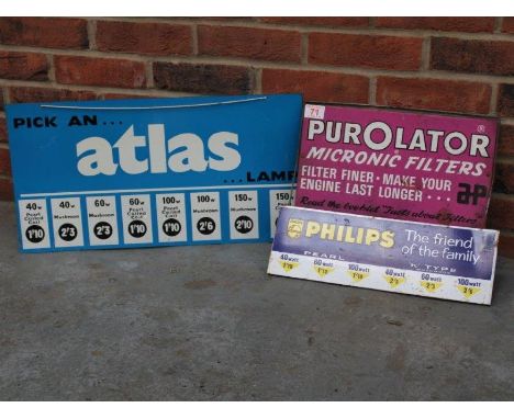 Three Signs, Atlas Lamp, Purolator Filters And Philips BulbsMake: Contact AuctioneerModel: Contact AuctioneerYear: 0Mileage: 