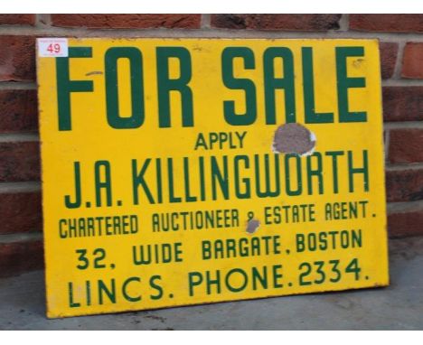 For Sale Sign For JA Killingworth Of Boston Vintage Enamel Flanged SignMake: Contact AuctioneerModel: Contact AuctioneerYear: