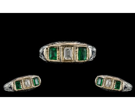 Antique Period - Attractive Platinum Pave Set 3 Stone Emerald and Diamond Dress Ring. Marked Platinum to Interior of Shank. T