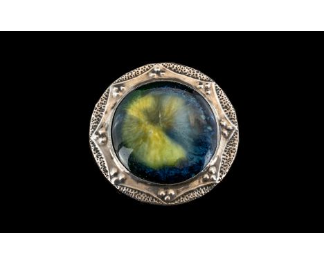 Ruskin - Art Pottery Cabochon Mounted In a Sterling Silver Celtic Style Circular Brooch. c.1910. Retailed by Liberty &amp; Co