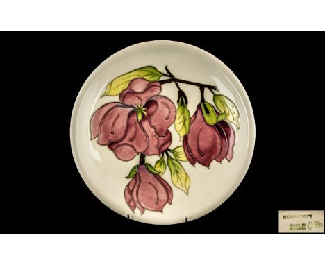 Moorcroft - Large Tubelined Cabinet Plate ' Coral Hibiscus ' Design on Cream Ground. Impressed Moorcroft Stamp and W. M. Mono