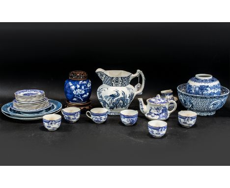 Collection of Blue & White Porcelain, to include a Wood  & Sons Jug, and Adams Bowl, Shellware cups, saucers and tea pot, mil