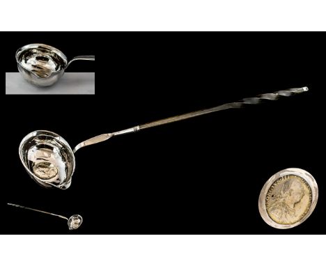 George III Sterling Silver and Horn Handle Tody Ladle, With An English Silver Shilling - Dated 1787 Inset Into the Base of th