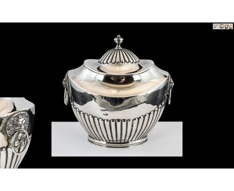 Victorian Period - Good Quality Sterling Silver Twin Lion Mask Handle Lidded Tea Caddy. With Fluted Cover and Half Body of Wo