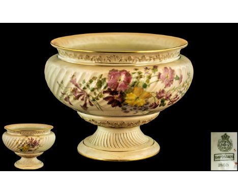 Royal Worcester Hand Painted - Large / Impressive Blush Ivory Pedestal Bowl, Decorated with Painted Images of Spring Flowers 