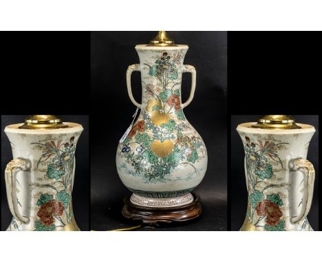 Large Antique Chinese Vase converted to a lamp, hand decorated with flowers and foliage, with later gilt added, and with styl