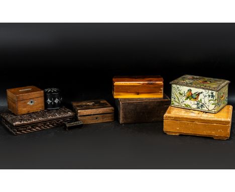 A Collection of Mixed Boxes, to include: painted tin, wooden cigarette box, carved cigarette box, painted paper mache and aba