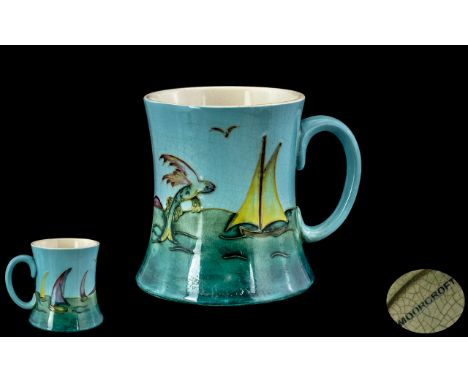Moorcroft Caribbean Pattern Tankard. c.1950. Description - Sailing Ships, Rough Seas and Palm Trees, Exotic Scene. Height 4,5