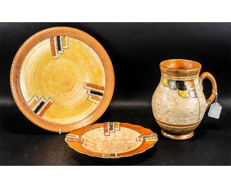 Crown Ducal Jug, in brown, orange and cream stitch pattern,    8.5'' diameter, 3.5'' high,  marked to base 146 Crown Ducal; t