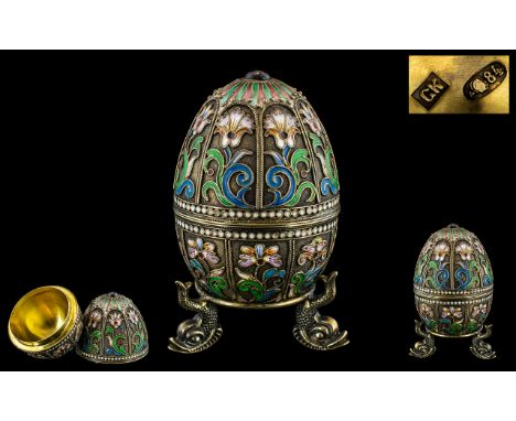 Russian Imperial Superb Quality and Exquisite Jewelled Set Silver Gilt - Cloisonne Enamel Egg and Stand with Dolphin Feet. Fe