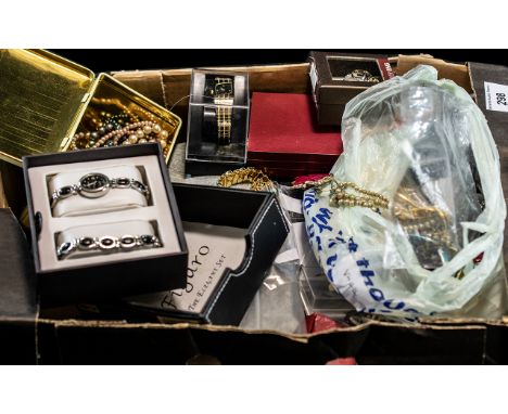 Large Collection of Costume Jewellery, comprising boxed Figaro watch and bracelet set, assorted pearls, vintage diamonte drop