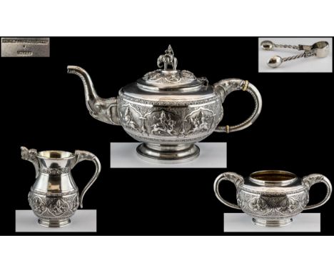 Anglo - Indian Superb Quality 4 Piece Silver Tea Service, Features Elephant Trunks Handles and Spout, The Teapot of Melon Sha