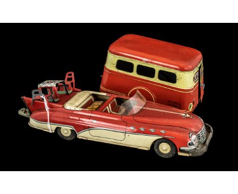 French Tin Plate Caravan and Car, Joustra Vintage Tinplate  Car &amp; Caravan Clockwork Litho tin toy made in France 1952. In