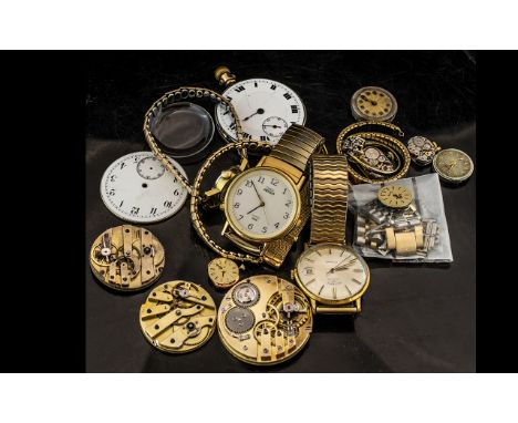 Bag of Miscellaneous Watch Parts &amp; Works plus vintage Rotary and Timex watches