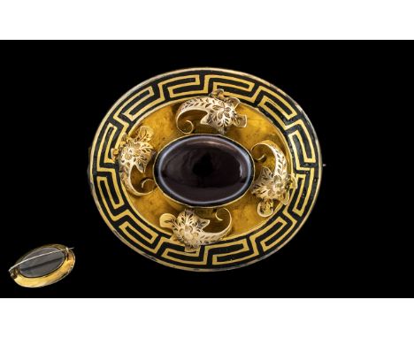 Extremely Fine Quality Pinchbeck Mourning Brooch of Superior Workmanship, The Oval Shaped Brooch with a Greek Pattern Design 