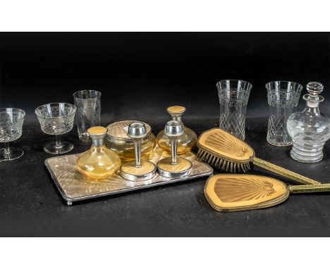 Small Mixed Lot to include: early 20th Century etched glass, and an Art Deco Dressing Table Set, comprising a tray, two candl