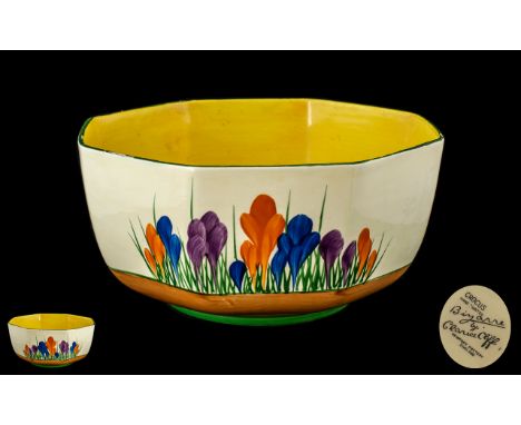 Clarice Cliff Hexagonal Bizarre Crocus Pattern Bowl of large size, 8.5 inches (21.25cms) in diameter; in good condition