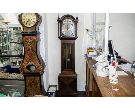 A Modern  Three Weight Long Case Clock, silver chapter dial, Roman numerals, marked Tempus Fugit, glazed front.  Height 75". 