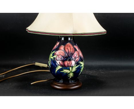 Moorcroft Tubelined Lamp Base with Shade, ' Anemone ' Design. Height 17.5 Inches - 43.75 cms - with Shade. 