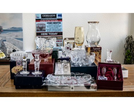 Collection of Quality Boxed Glass Items, including Royal Albert vase, Royal Doulton Vase, Glass basket, glass floral tray, Ra