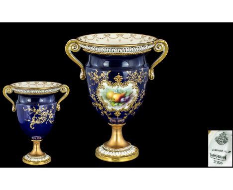 Royal Worcester - Attractive and Quality Hand Painted Twin Handle Vase. The Central Panel with Painted Fallen Fruits Still Li