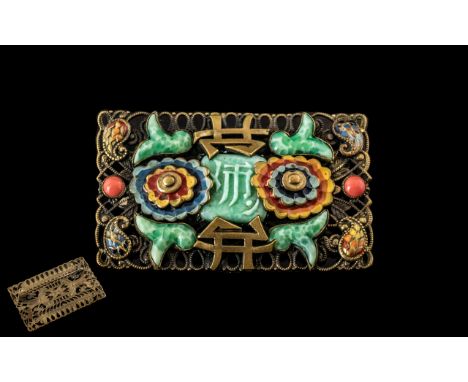 Max Neiger (Brothers) Art Deco Brooch, made in the Oriental style, with celadon glazed porcelain/glass attachments and enamel