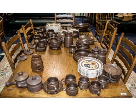 Denby Langley Dinner Service comprising: plain brown pottery - large jug with handle, two medium jugs with handles, small gra