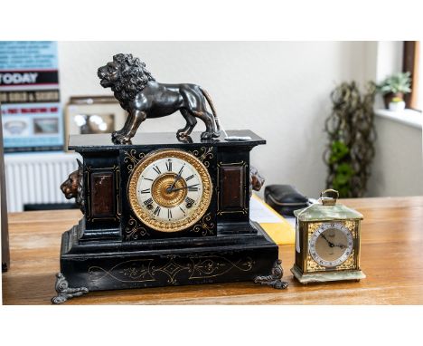 A Belgian Slate Mantle Clock by the Ansonia Clock Company of New York, cream chapter dial with Roman numerals, with gilt beze