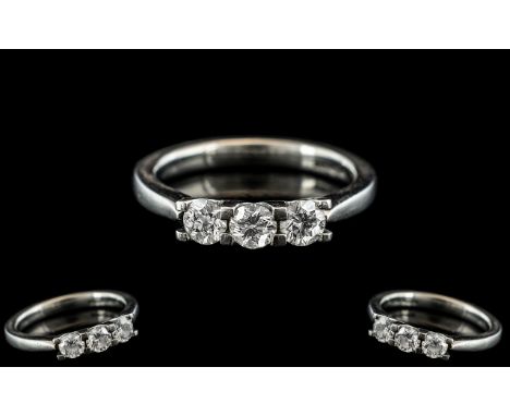 Ladies Superb 18ct White Gold 3 Stone Diamond Ring. The Round Brilliant Cut Diamonds of Top Colour / Clarity. Est F-G Colour,