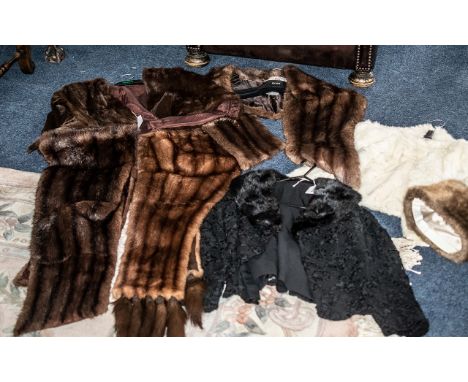Collection of Fur Capes and Jackets, comprising a dark brown mink cape; a chestnut mink wrap with decorative tail ends; a bro