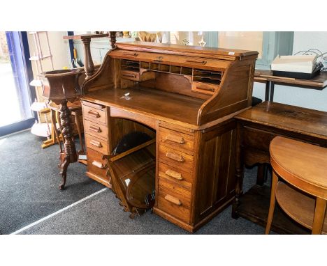 Golden Oak 'S' Shaped Shuttered Front Roll-Top Desk, by the Lebus Company.  Desk with a fitted interior, with pull out writin