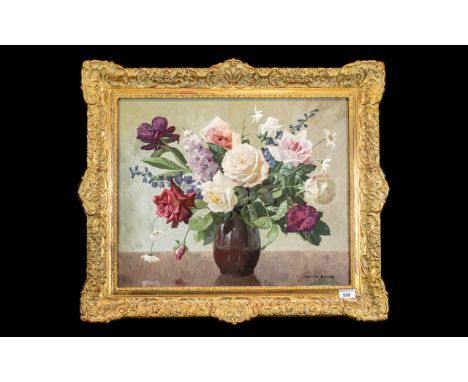 Thomas Bradley Signed Oil Painting on board of the Artist's usual composition, a floral display of roses in a vase, in a fine