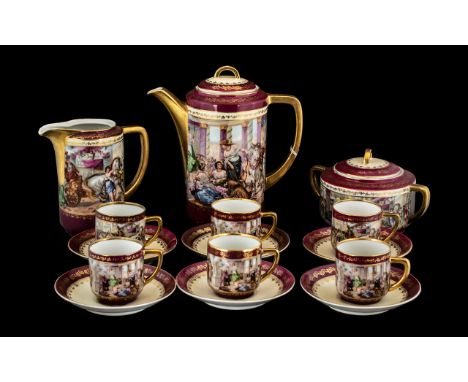 Epiag Royal Czechoslavakia Porcelain Coffee Set, comprising a coffee pot, milk jug, lidded twin handled sugar bowl, six coffe