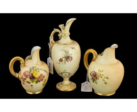 Royal Worcester Blush Ivory Collection ( 3 ) Pieces of Blush Ivory Royal Worcester Jugs, Hand Painted Decoration Throughout, 