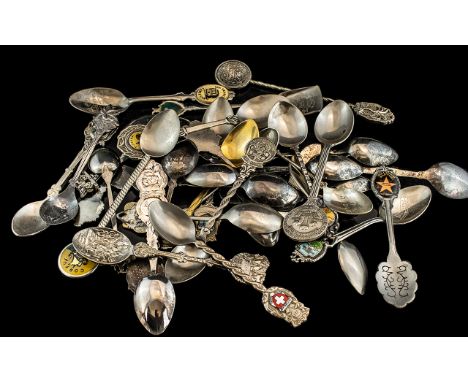 Bag Containing A Quantity Of Souvenir Spoons Including Silver, Plate, Pewter, and Caithness. 
