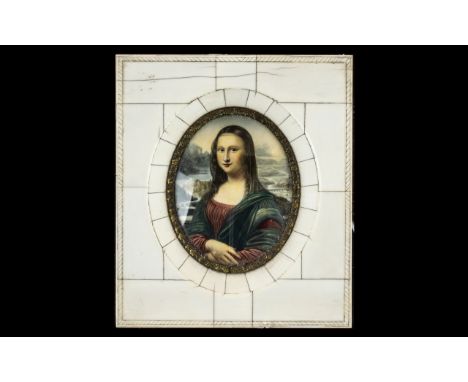 A Mid 20th Century Portrait Miniature of the Mona Lisa.  Piano key frame, overall size 6" x 5".
