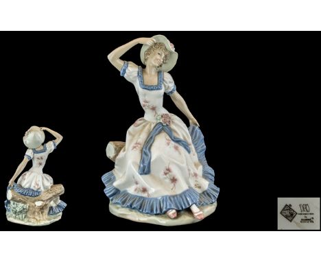 Nao by Lladro Large and Impressive Hand Painted Porcelain Figure - Young Woman Wearing a Flowing Summer Dress with Bonnet Set