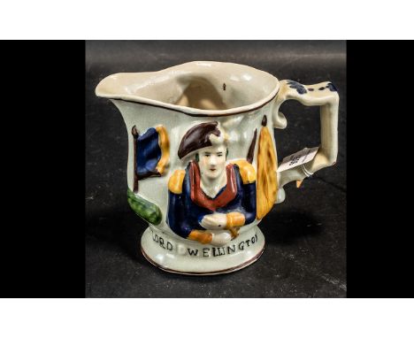 Lord Wellington Staffordshire Prattware Style Portrait Jug. Approx 14 cms High. 