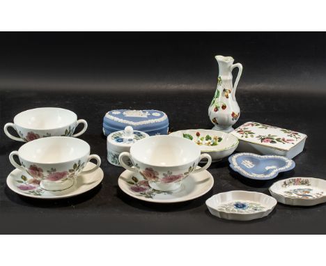 A Collection of Porcelain comprising, Wedgwood trinket box and pin dish, 3 cups and 2 saucers, trinket box with floral design