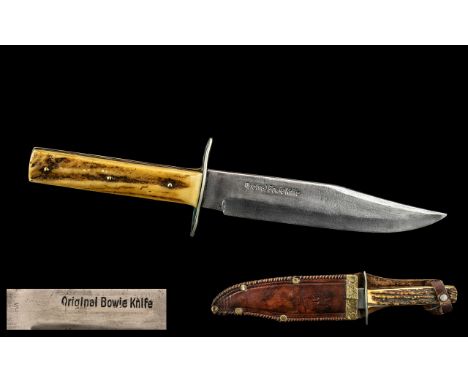 Vintage Bowie Knife with stag antler handle grip, stamped to the blade 'Original Bowie Knife', in original leather scabbard; 