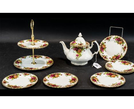 Royal Albert 'Old Country Roses' Teapot, two-tiered cake plate, and six small cake/sandwich plates, all in good condition.