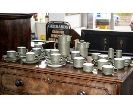 Denby 'Chevron' Tea/Coffee Service circa 1965, comprising 10 tea cups, 5 coffee cups, 11 saucers, 7 side plates, Tea Pot, Cof