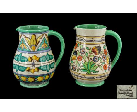 Bursley Ware Charlotte Rhead Hand Painted Pair of Painted Enamel Jugs In Stylish Floral Designs. c.1930's. Pattern T.L12 Tuli