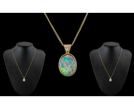 Antique Period - 19th Century Attractive 15ct Gold Opal and Diamond Set Pendant, Suspended On An 18ct Gold Chain (Stamped 750