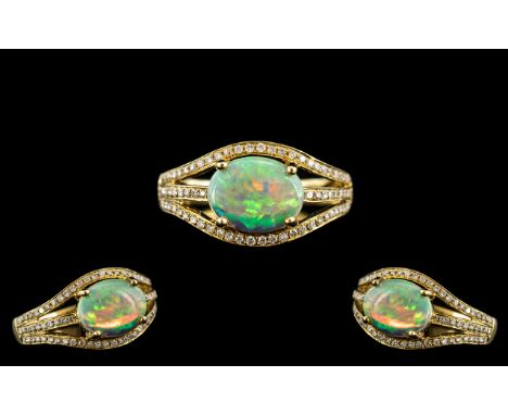 18ct Gold - Attractive Diamond and Opal Set Ring, Excellent Opal with Strong Colours, The Diamond Shoulders and Surround of E