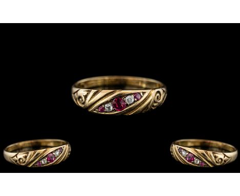Antique Period Attractive Ladies 15ct Gold - Petite Ruby and Diamond Set Ring. Marked 625 - 15ct to Interior of Shank. Ring S