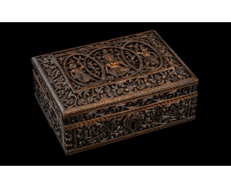 Finely Carved Antique Indian Sandalwood Trinket Box, decorated to the lid with temple maidens and Ganesha, the Elephant God, 