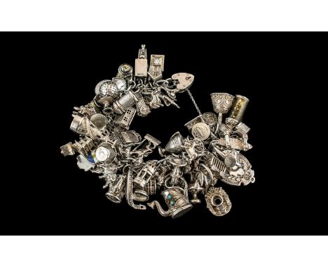 Superb Vintage Sterling Silver Charm Bracelet Loaded with Over 65 Charms. All Marked for Silver 925. Includes Lighthouse, Hor