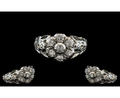 Ladies 18ct White Gold Attractive - Diamond Set Cluster Ring, Flower head Setting / Design, Which Extends Down the Shoulders,