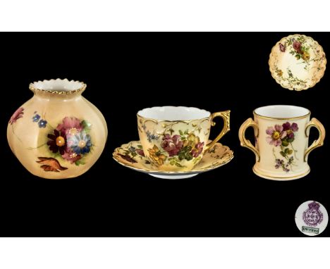 Royal Worcester - Fine Trio of Blush Ivory Pieces, All with Hand Painted Images of Spring Flowers. Comprises 1/ Royal Worcest